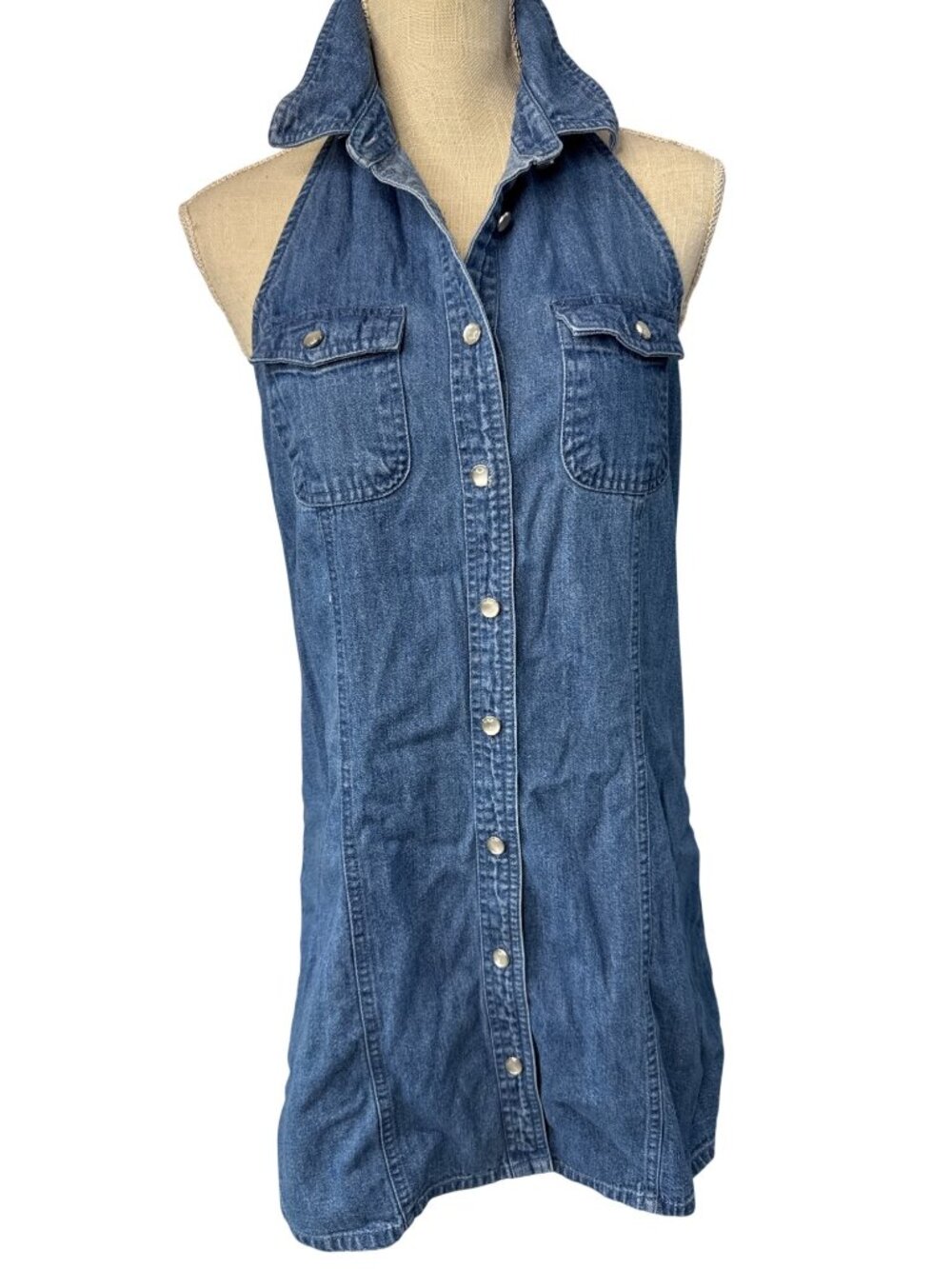 ASOS Womens Denim Halter Mini Dress Size 10 UK Snap Button Front Blue Casual